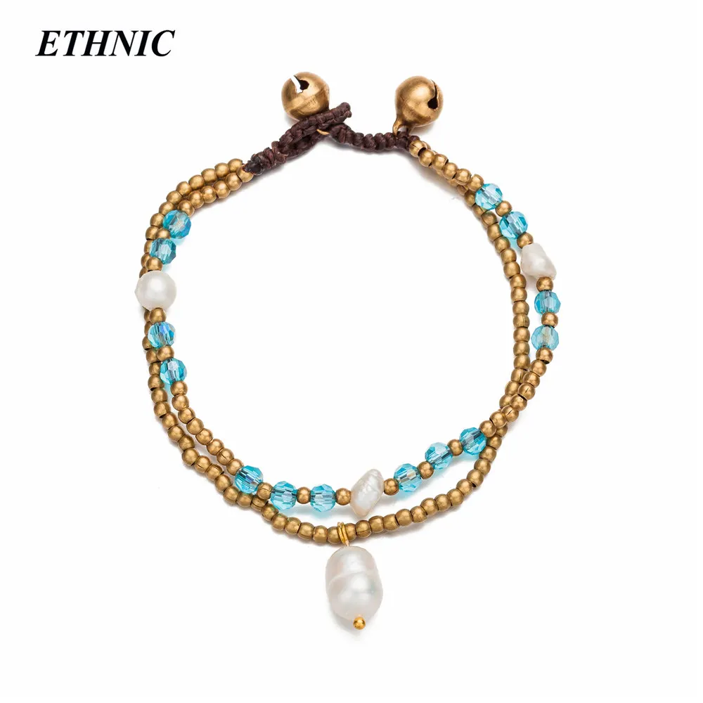 

2018 Handmade Layered Simulated Pearl Charm Blue Crystal Beaded Chain Bracelets for Women Fashion Gold-Color Beads A Bracelet