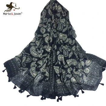 

Marte&Joven Ethnic Style Retro Paisley Scarf for Women Classic Navy Blue Cotton Bandana Muslim Hijab Ladies Fringe Shawls Wraps