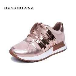BASSIRIANA/2019 новые кожаные туфли на плоской подошве, женская обувь, повседневная обувь для женщин, розовый, серебряный, синий цвет, размеры 35-40
