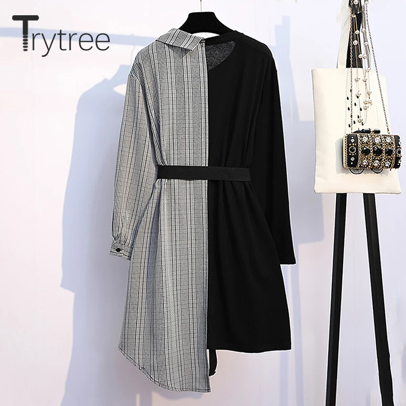 Trytree 2020 осеннее женское платье повседневное лоскутное с пуговицами и принтом