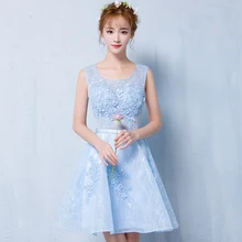 Robe De Soiree Neue Mode Die Braut Party Kleider Süße Hellblaue Spitzeblumen Sleeveless A-linie Short Cocktail Kleid Benutzerdefinierte