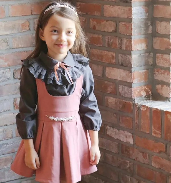 Розничная,, детская повседневная одежда для маленьких девочек, рубашка с оборками, юбка на подтяжках Детский костюм из 2 предметов