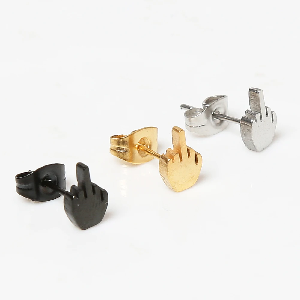 

1pcs Alloy Enamel Funny Punk Finger Hand Stud Earrings Black Titanium Steel Women Mens Screw On Piercing Ear Studs Earring