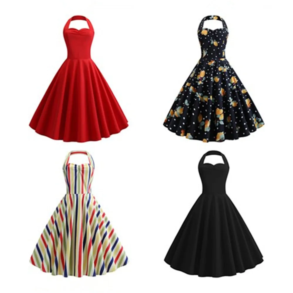 

Sexy Halter Party Dress 2019 Retro Polka Dot Hepburn Vintage 50s 60s Pin Up Rockabilly Dresses Robe Plus Size Elegant Midi Dress