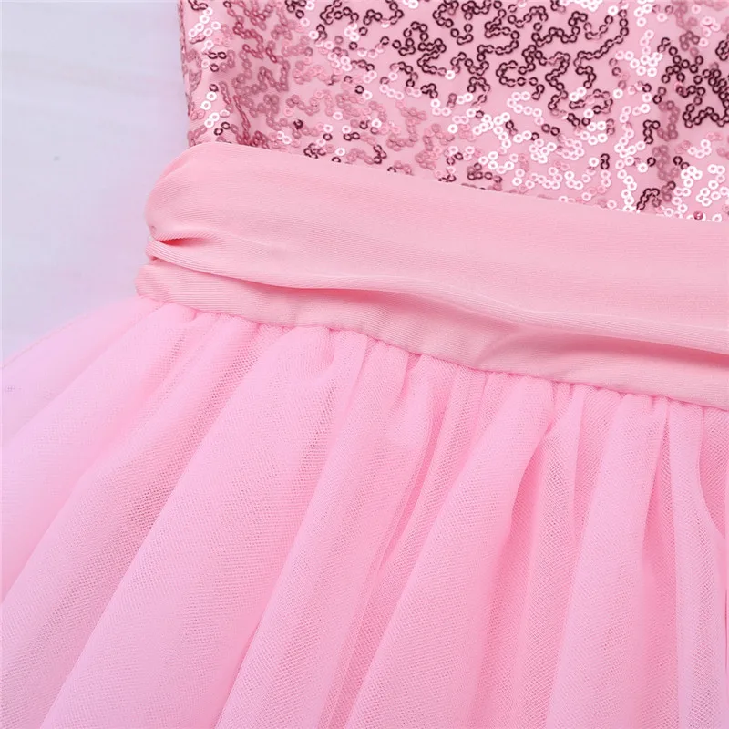 Kids Girls Mock Neck Ballet Dance Dress Gymnastic Leotard Shiny Sequins Sleeveless Mesh Splice Ballet Leotard Flower Girls Dress