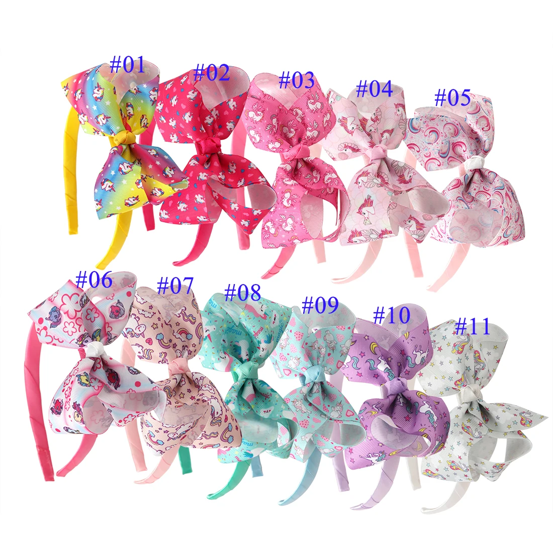 11pcs/set 4.5in Grosgrain Ribbon Unicorn Bows Hairbands Lovely Girls Headband Hair Accessories