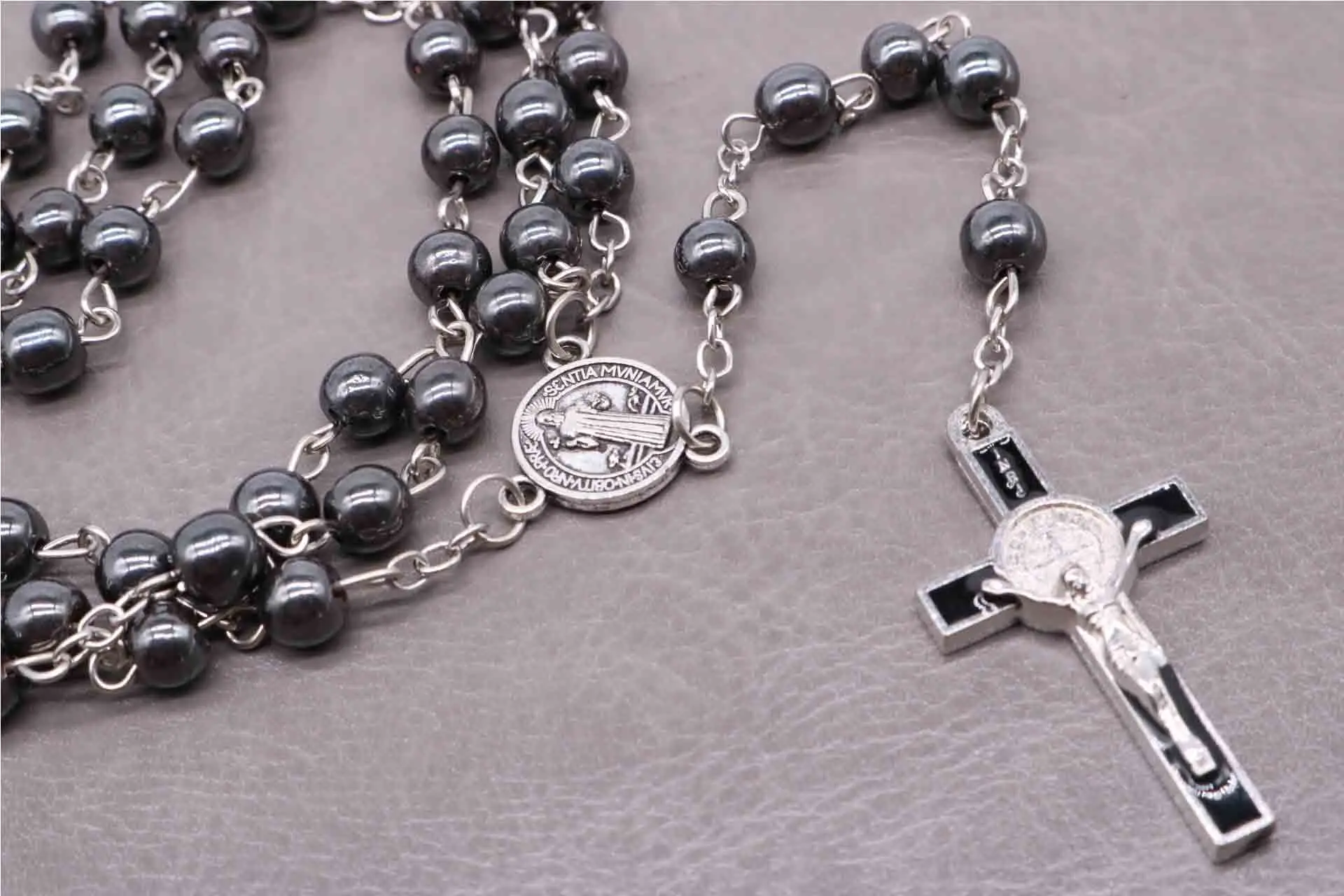 

Popular Classic Hematite 6mm Christ Jesus Holy Spirit Rosary Necklace, Girl Rose Necklace, Hematite Rosary Jesus Cross Necklace