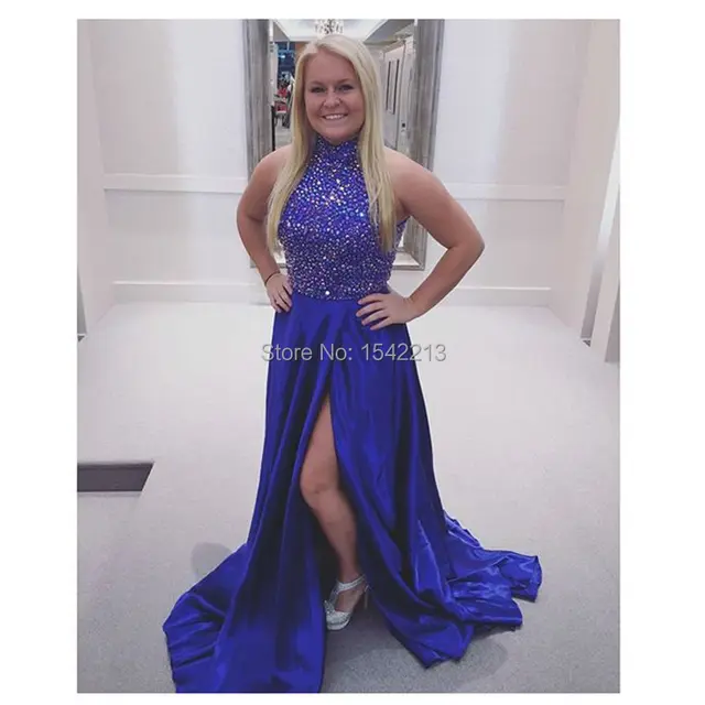 high neckline shiny beaded royal blue prom dress with sexy side silt royal blue prom dresses plus size