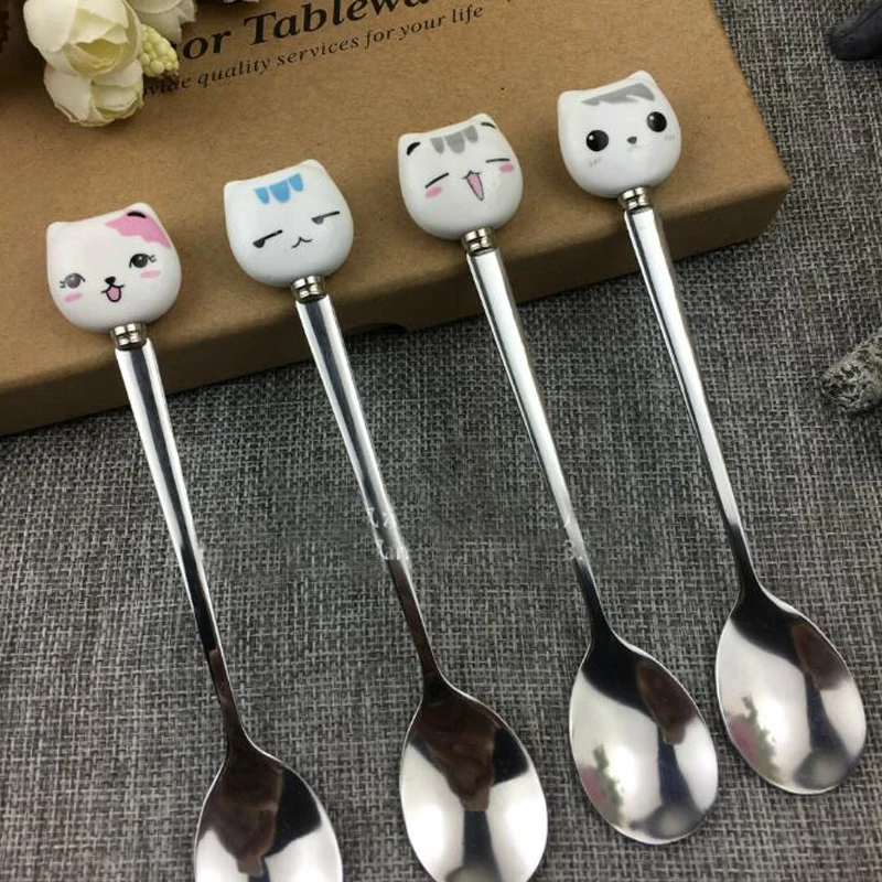 

1pc Cartoon Cute Cat Spoon Stainless Steel Long Handle Stirring Spoon Coffee Spoons Dinnerware Ceramic Handle