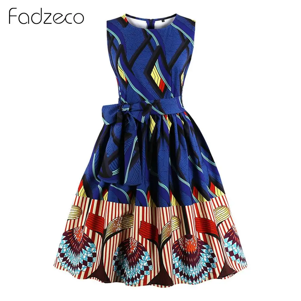 

Fadzeco Summer African Dresses for Women Dashiki Sleeveless O Neck Ethnic Tribal Print Skater Dress Vintage Midi Dress Plus Size