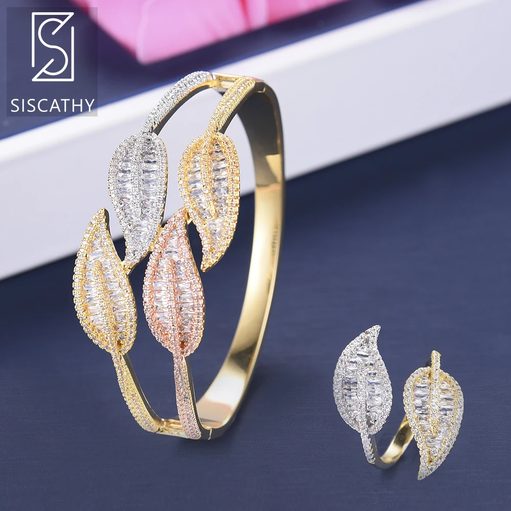 

SISCATHY Women Luxury Bangle Leaves Shape Three Tones Cubic Zirconia Inlaid Bridal Wedding Bracelet Ring Jewelry Sets