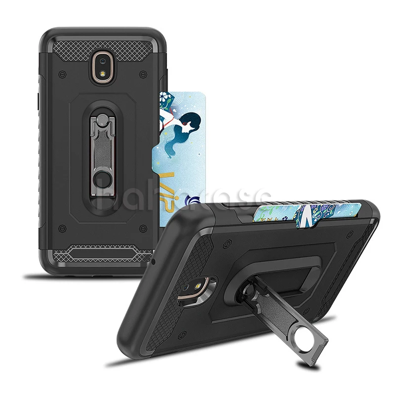 Sale 500pcs Soft TPU Hard PC With Card Slot Holder Case For Samsung J3 J5 J7 2016 2017 J4 J6 J8 2018 Heavy Duty Metal Kickstand Cover 2