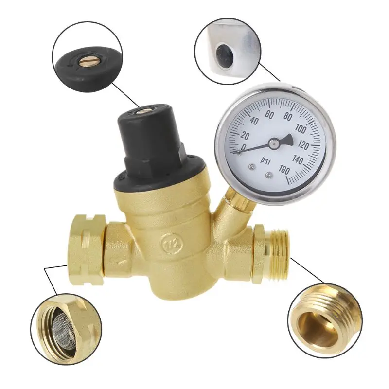 Регулятор давления воды для RV Кемпер латунь бессвинцовый Регулируемый RV редуктор давления воды 160PSI