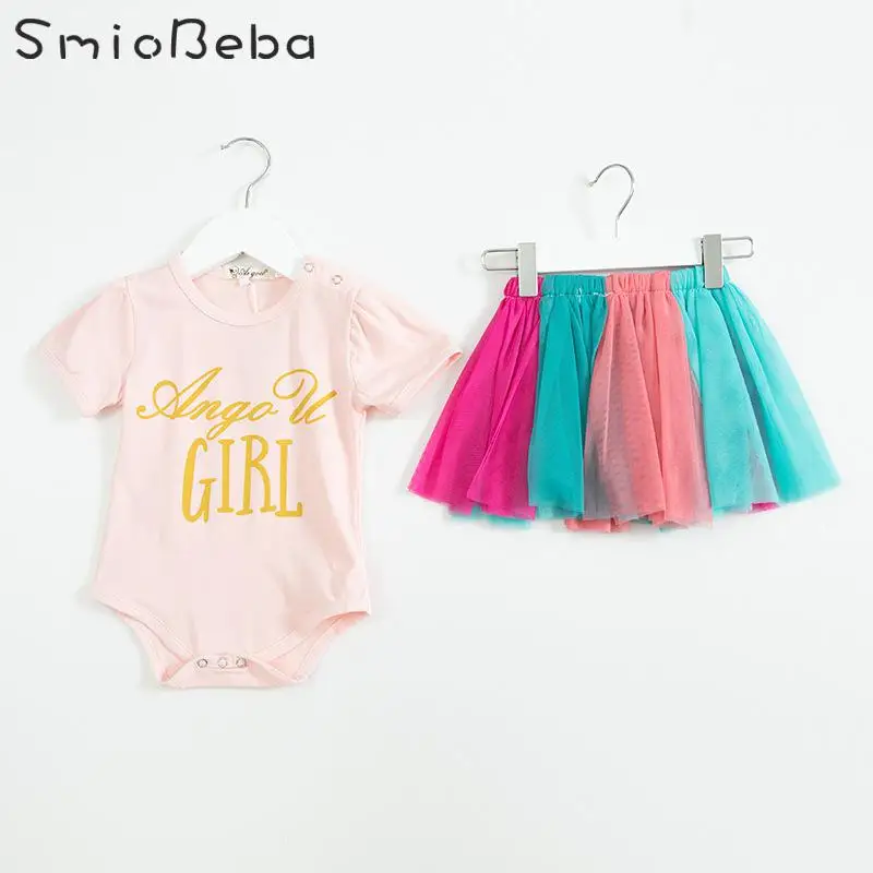 

Summer Baby Girl Rompers+Dress 2PCS Sets Kids Princess Rainbow Screen Dress Short Sleeve Jumpsuit Crawling Sets Rompers Clothes