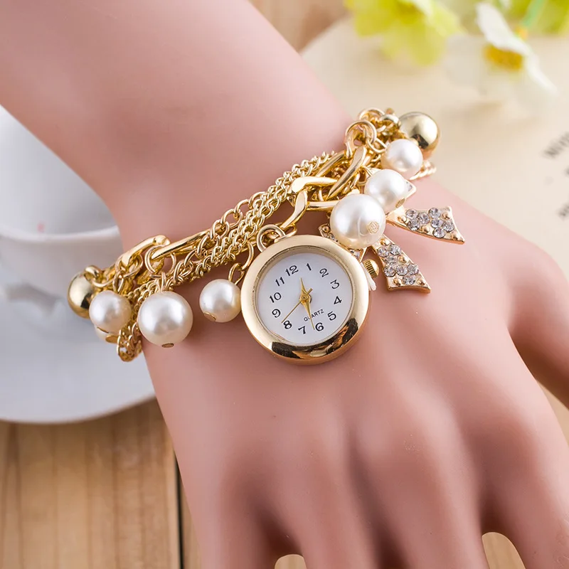 fashion casual wrist watch ladies gold chain with pearl strap watch