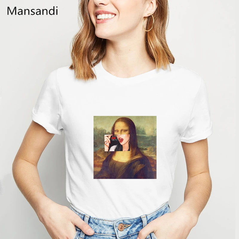 

funny Mona Lisa print T shirt spoof personality fashion tshirt femme Harajuku shirt summer casual loose S-2XL women's clothing