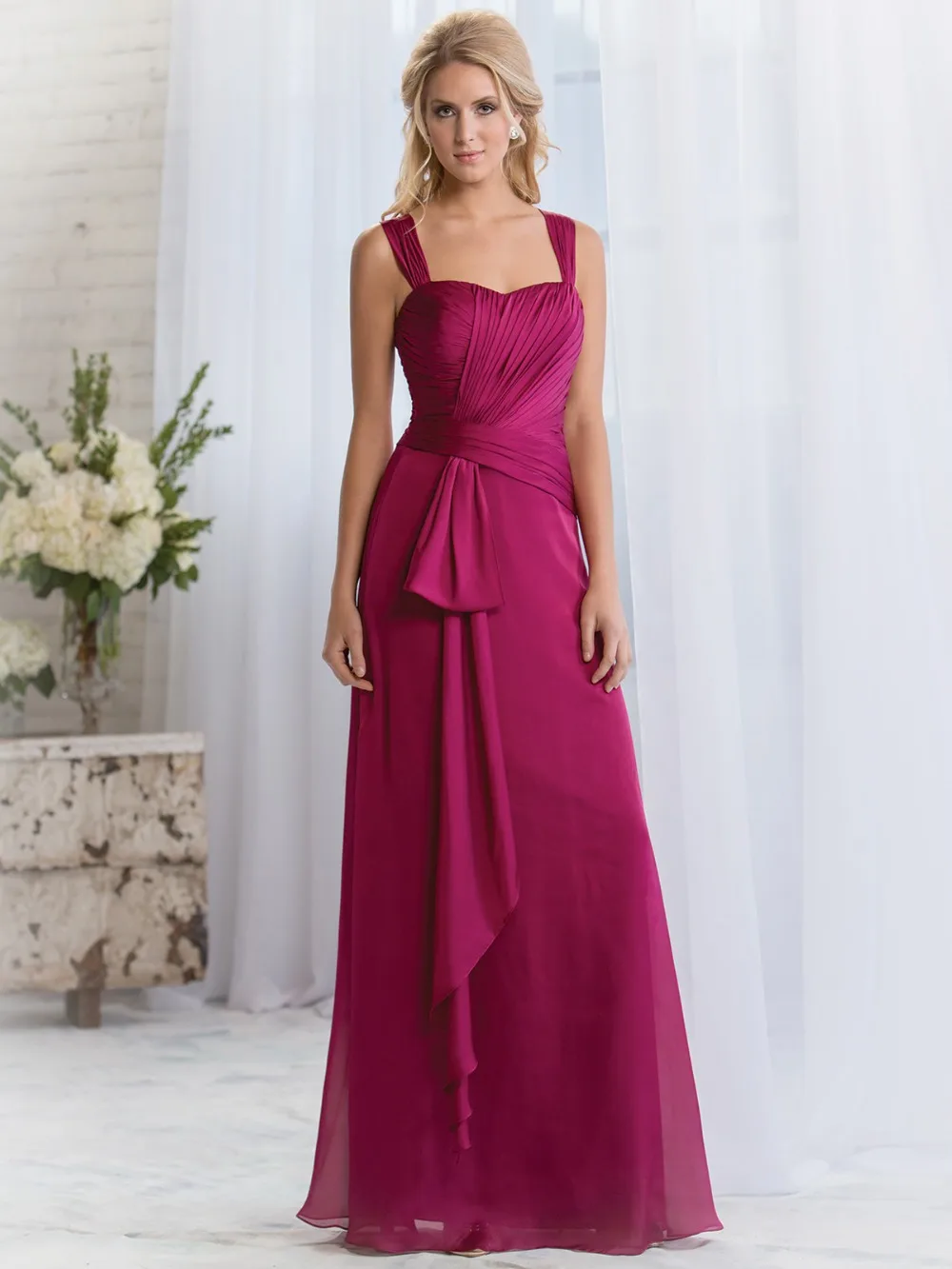 Fashionable Simple Long Fuchsia Bridesmaid Dresses Wide Straps Pleated