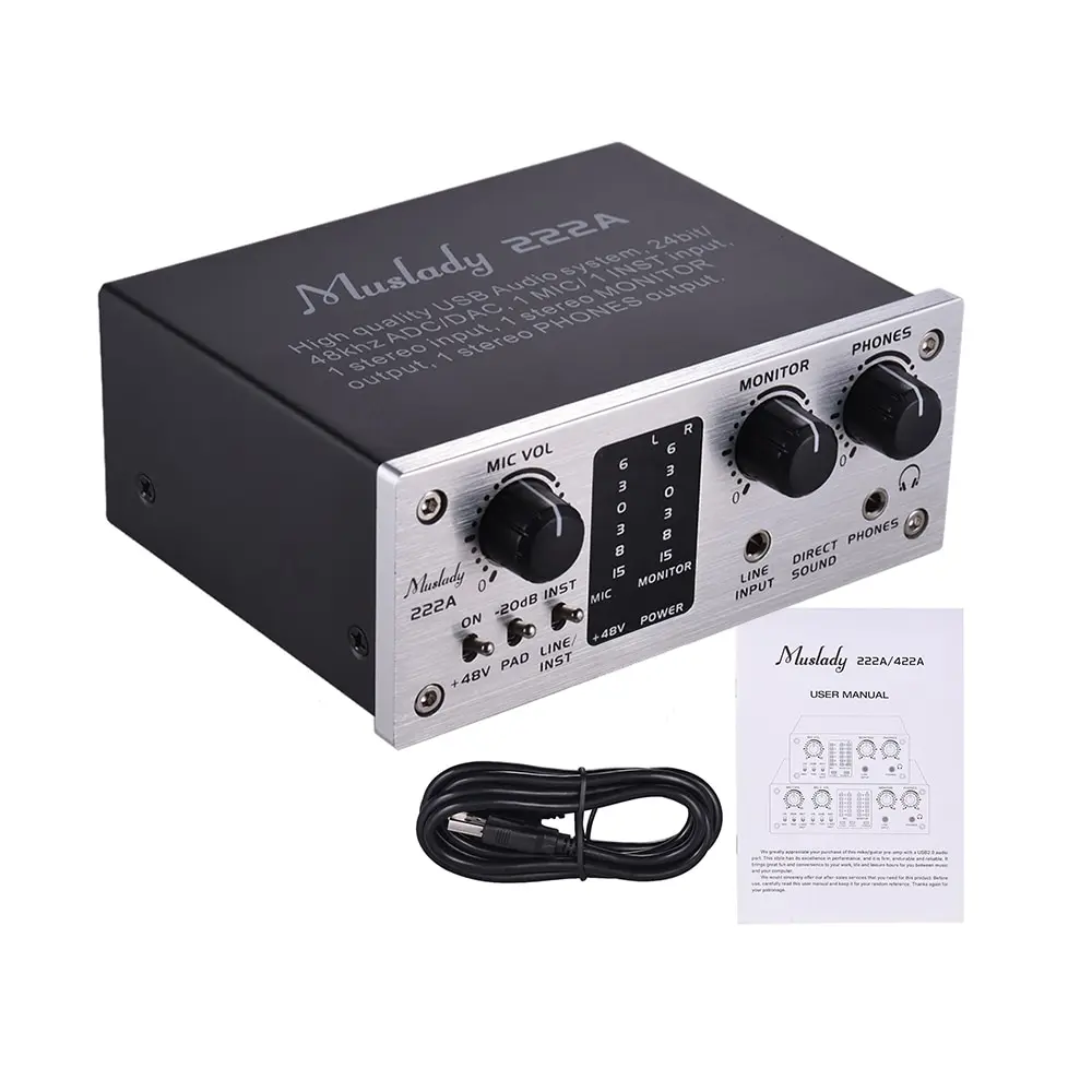 

Muslady 222A 2-Channel USB Audio System Interface External Sound Card +48V phantom power DC 5V Power Supply