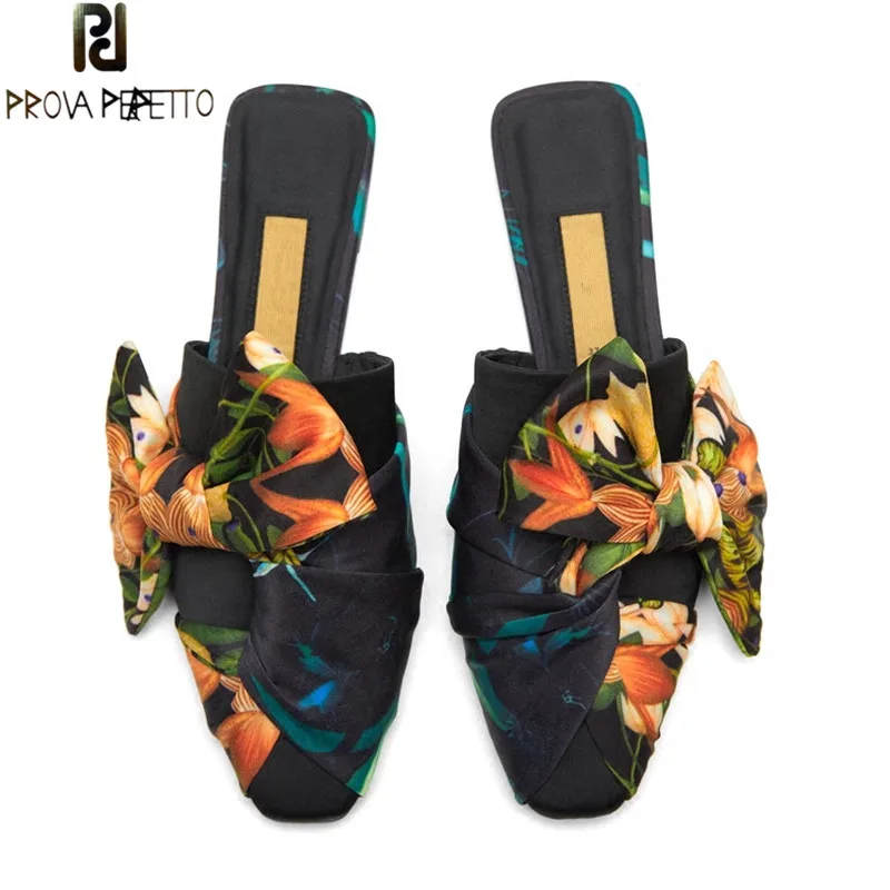 

Prova Perfetto New Spring Summer Flat Femme Slippers Bowknot Print Slippers Women Loafers Square Toe Low Heels Shoes Woman Mules