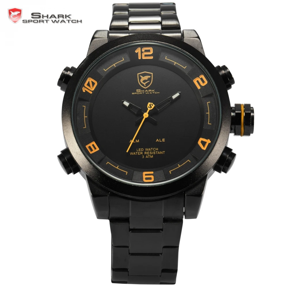 

Gulper Shark Sport Watch Stainless Steel Band Yellow Water Resistant Dual Movement LED Calendar Alarm Mens Quartz Watches /SH361