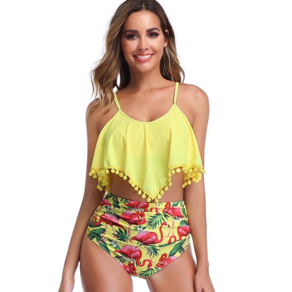 

2019 New Pom Ruched Ruffle Bikini Sets Woman Flamingos Swimsuit High Waist Bathing Suit Adjustable Straps Bathing Suit Swimwear