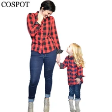 COSPOT Mom and Girls Red Plaid Christmas Shirt Mother and Daughter Cotton Matching Blouse Family Fashion