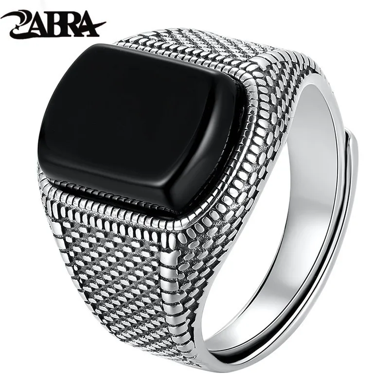 

ZABRA Black Stone Ring Men Real 925 Sterling Silver Open Size Vintage Wedding Women Mens Rings Cubic Zirconia Onyx Jewelry