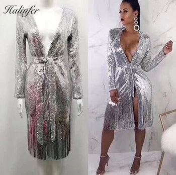 

Halinfer 2018 New summer women dress sexy bodycon Sashes V-Neck elegant celebrity Night party dress vestidos wholesale