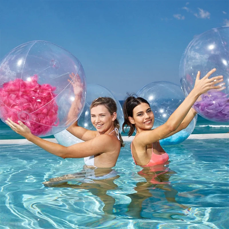 

2 pieces/lot 24Inch Inflatable Transparent Beach Ball with Feathers Baby Kids Adult Toy for Summer Fun Promotion Water Equipment