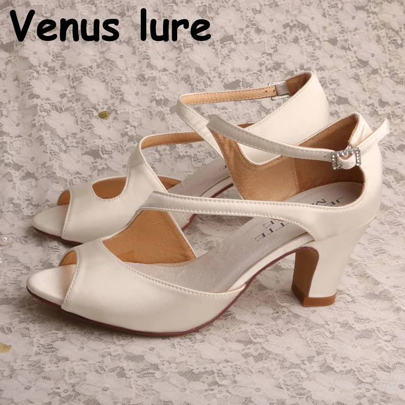 ivory satin block heel sandals