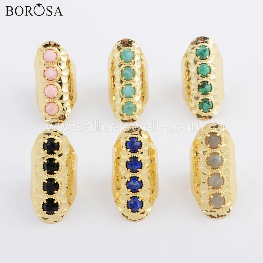 

BOROSA 5PCS Round Gold Color Agates Pink Shell Lapis Lazuli 7mm Stone Band Ring Mixed Colors 4 Stones Claw Rings Jewelry ZG0394