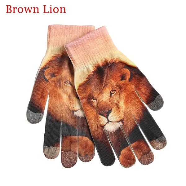 Новые модные теплые перчатки для мужчин и женщин, милые вязаные мягкие перчатки с 3D-принтом животных и фруктов, зимние теплые шерстяные вязаные варежки - Цвет: brown lion