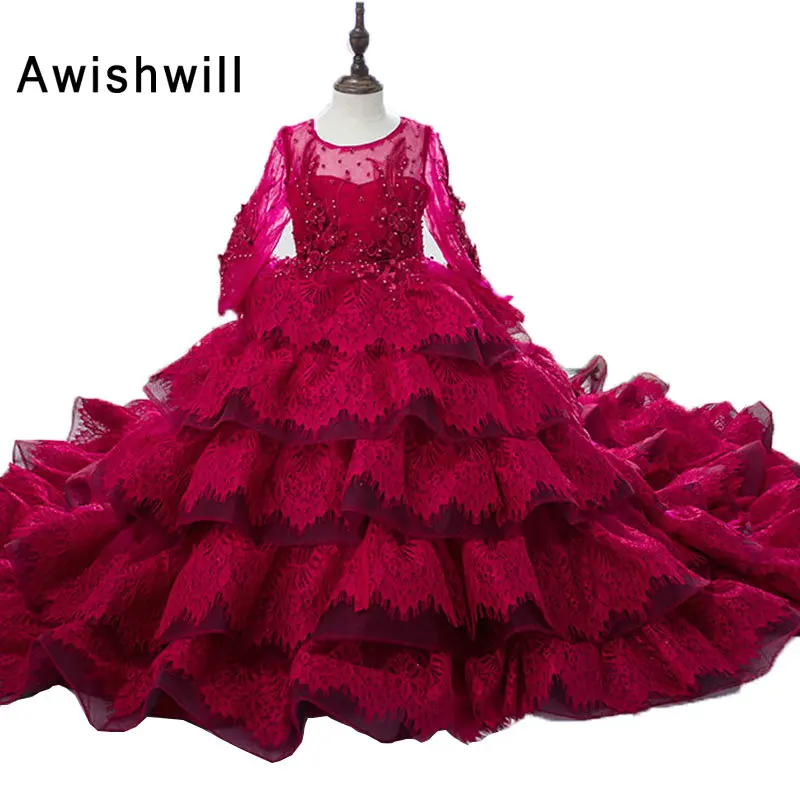 Новое поступление года, Бордовые Платья с цветочным узором для девочек бальное платье с длинным рукавом, кружевное платье принцессы, пышные платья для девочек, платья для причастия