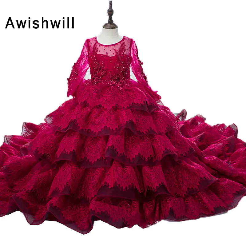 

New Arrival 2019 Burgundy Flower Girl Dresses Ball Gown Long Sleeve Lace Princess Pageant Dresses for Girls Communion Dresses