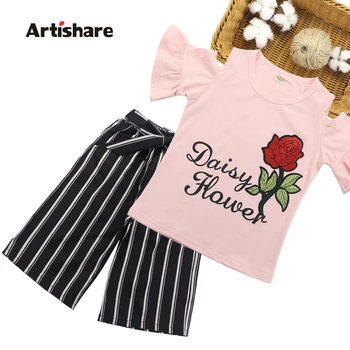 

Girls Clothes Set Off Shoulder Shirts+Striped Pants 2PCS Set For Girls Floral Pattern Kids Girls Clothes Suit 6 8 10 12 14 Year