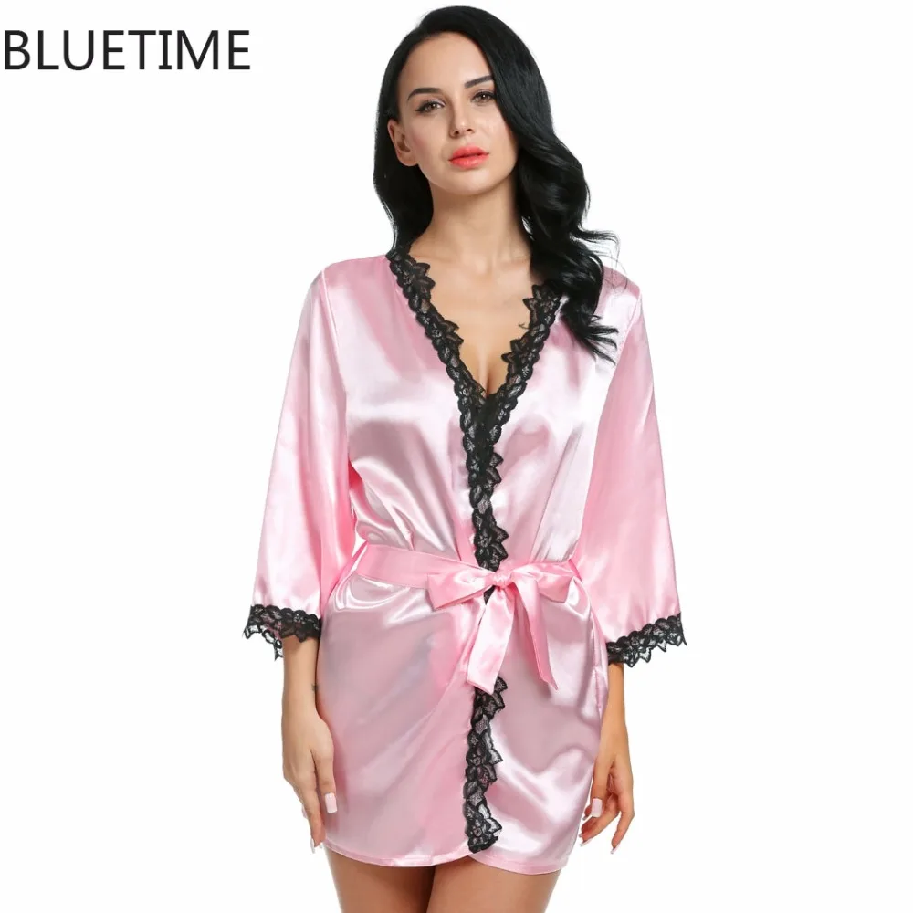 Women Satin Short Satin Robe Kimono Bathrobe Floral Lace Plus Size