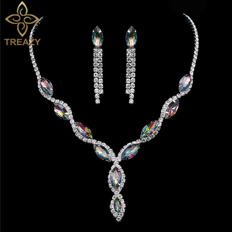 Colourful Rhinestones Crystal Necklace Earrings Bracelet Ring Bridal Jewelry Set 