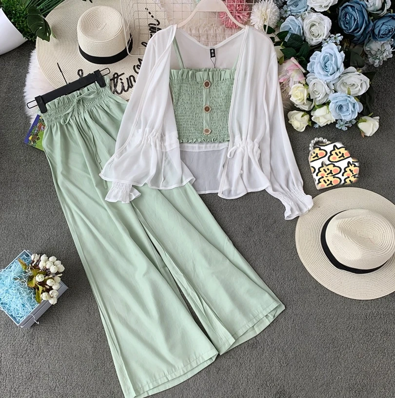 

TAOVK Fashion Suit Female Summer Camisole + High Waist Wide Leg Pants Trousers + Sunscreen Cardigan Jacket Three-piece Suit