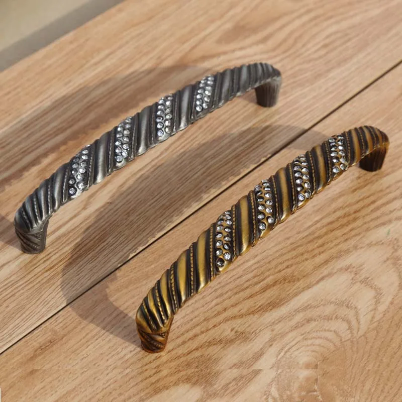 

96mm 128mm european retro style rhinestone furniture handles antique iron kitchen cabinet dresser door handle bronze drawer knob