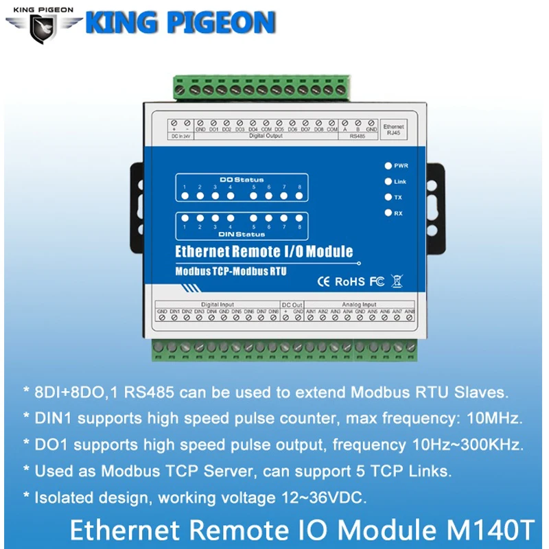 RJ45 в RS485 конвертер Modbus TCP Ethernet сетевое удаленное IO модуль 8DI+ 8DO поддерживает высокоскоростной счетчик импульсов SCADA OPC M140T