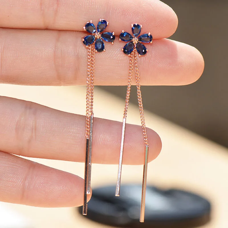 

JIOFREE New Temperament Blue Crystal Rhinestone Flower Long Chain Tassel Clip Earrings Trendy Party Accessories For Women