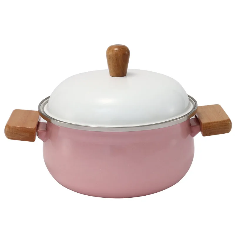 

Wooden Handle Macaron Enamel Pot Baby Milk Pot Soup Pot and Thicken with Flat Induction Cooker Food Bowl