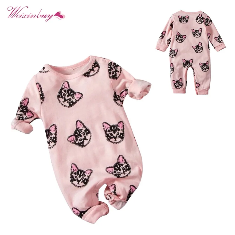 

WEIXINBUY Baby Rompers Boys Girls Feeding Clothes Pink Spring Autumn Cute Cat Children's Cotton Soft Clothes 0-24 M