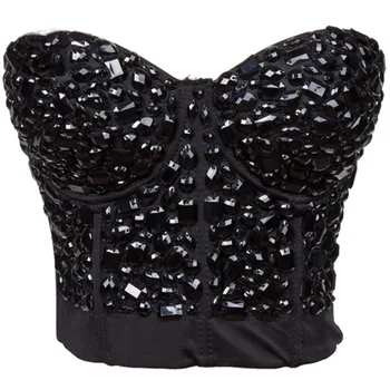 

Black Beading Gems Punk Gothic Clubwear Bustier Bra Sosten Mujer Sexy Bras For Women Push Up Bralette Crop Top Brassiere Femme