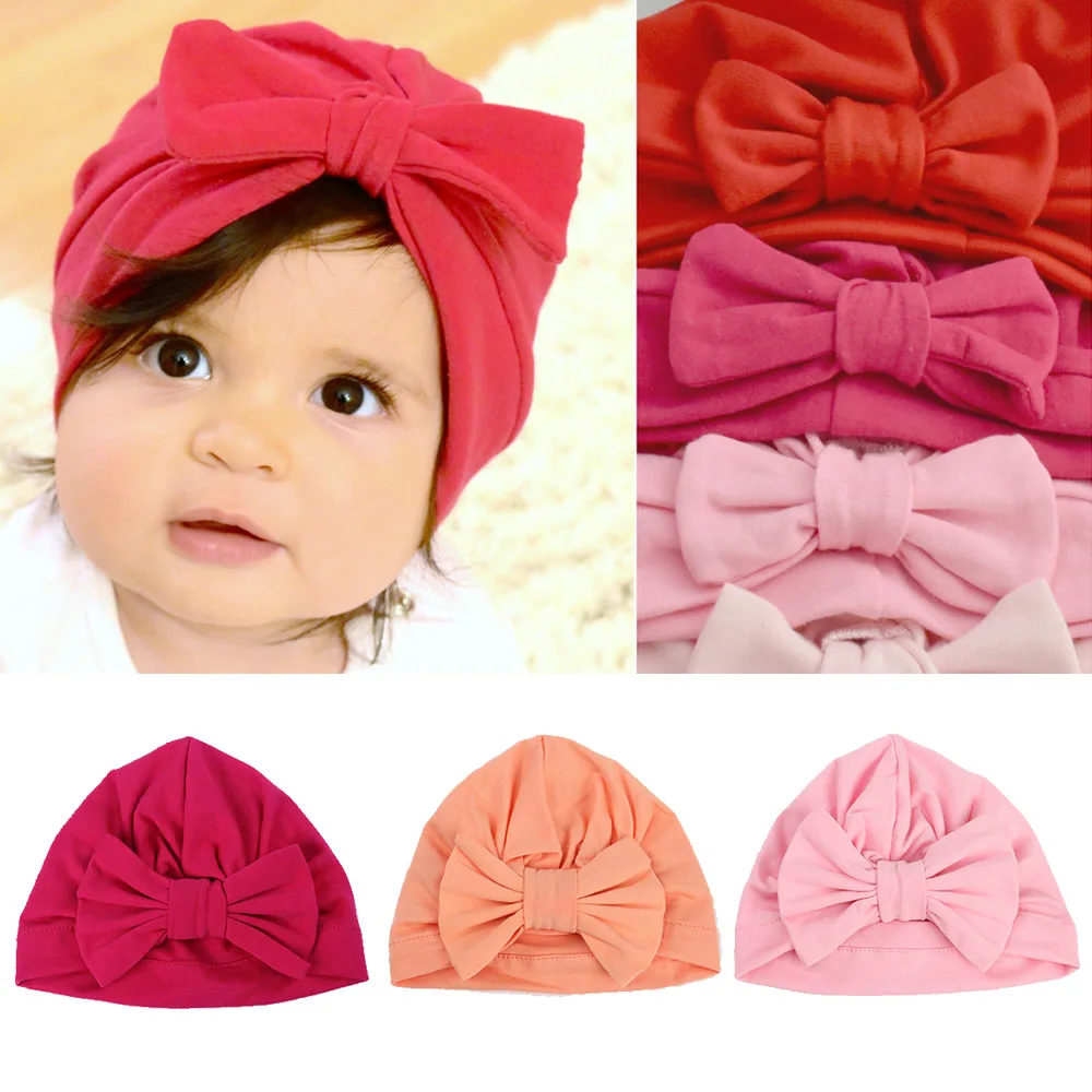 2021 Cotton Newborn Baby Top Knot Beanies Hats Boys Girls Bow Candy