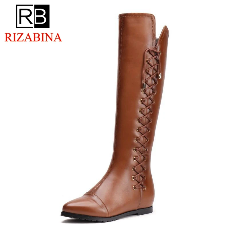 

RizaBina women real genuine leather flat over knee boots brand long winter warm botas militares footwear shoes R7525 size 34-39