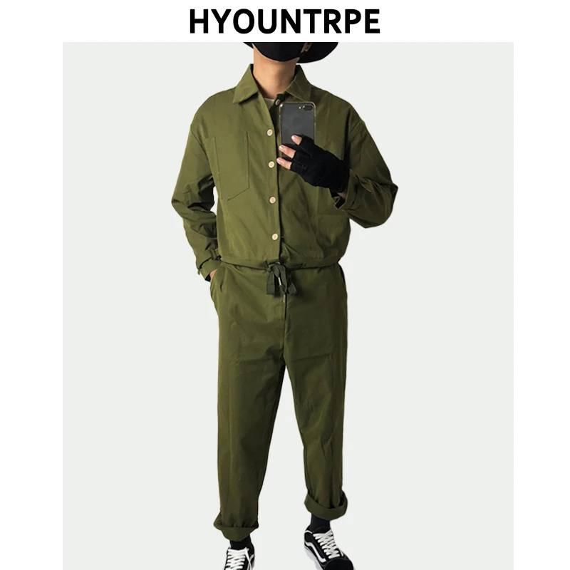 Fashion Mens Rompers Long Sleeve Male Drawstring Waist Jumpsuit Cargo Short Single Breasted Tops Trousers One-piece Overalls jumpsuit elegant party jumpsuits one piece trousers slit wide leg summer club outfit women spaghetti strap backless sexy