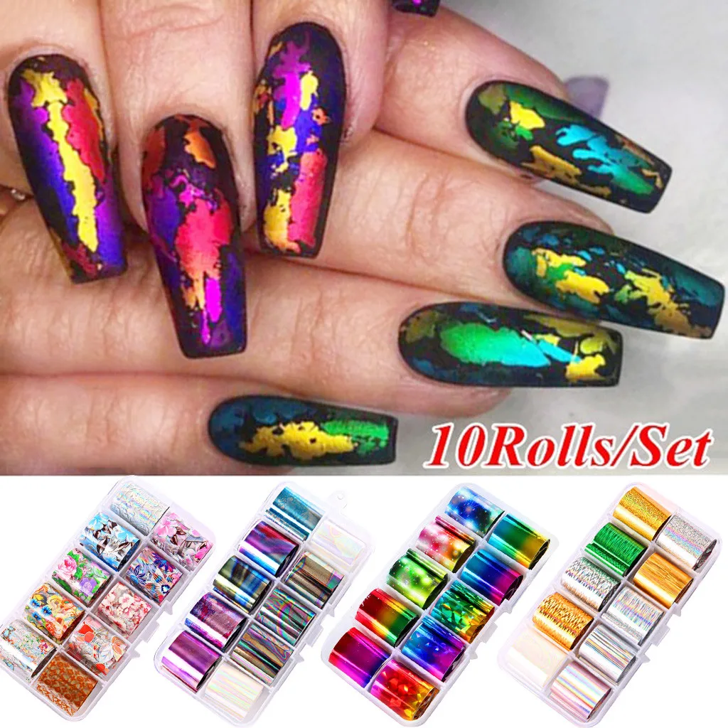 

10 Rolls Starry Sky Laser Nail Foil Set Transparent Marble Holographic Nail Art Transfer Sticker Decoration DIY *