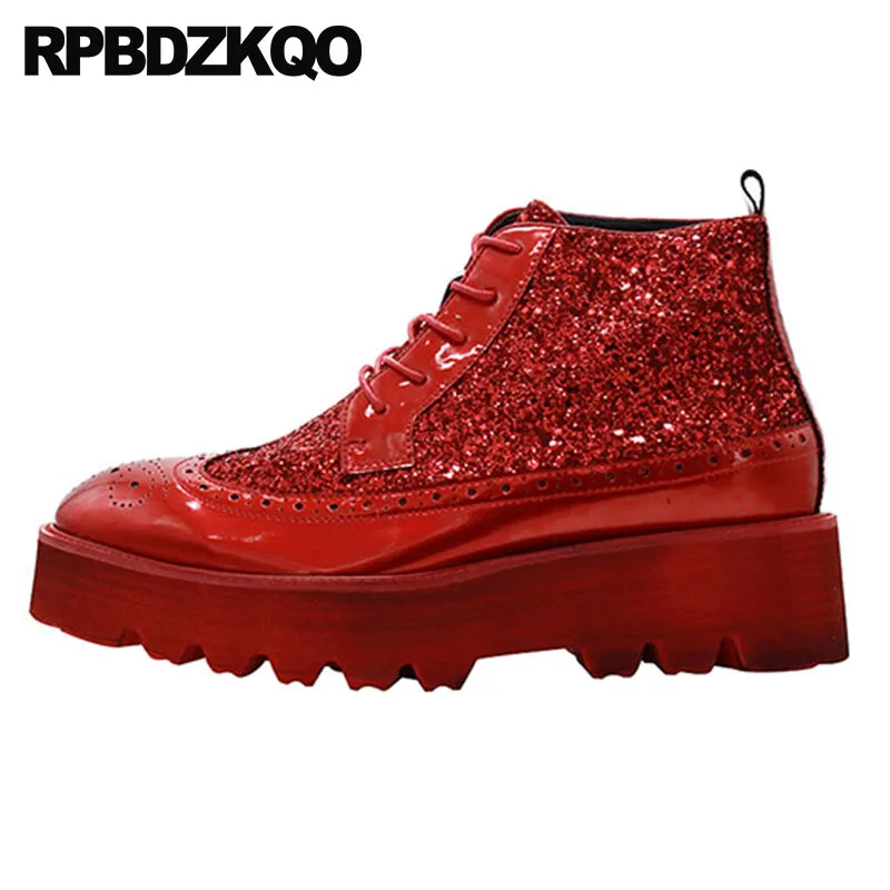 Negro Harajuku Brogue rojo Gruesa Glitter Único Alto Del Negro De Zapatos Grano Hombre Patente Plataforma Suela Top Ala Completo Botas Botines FqH16wFr
