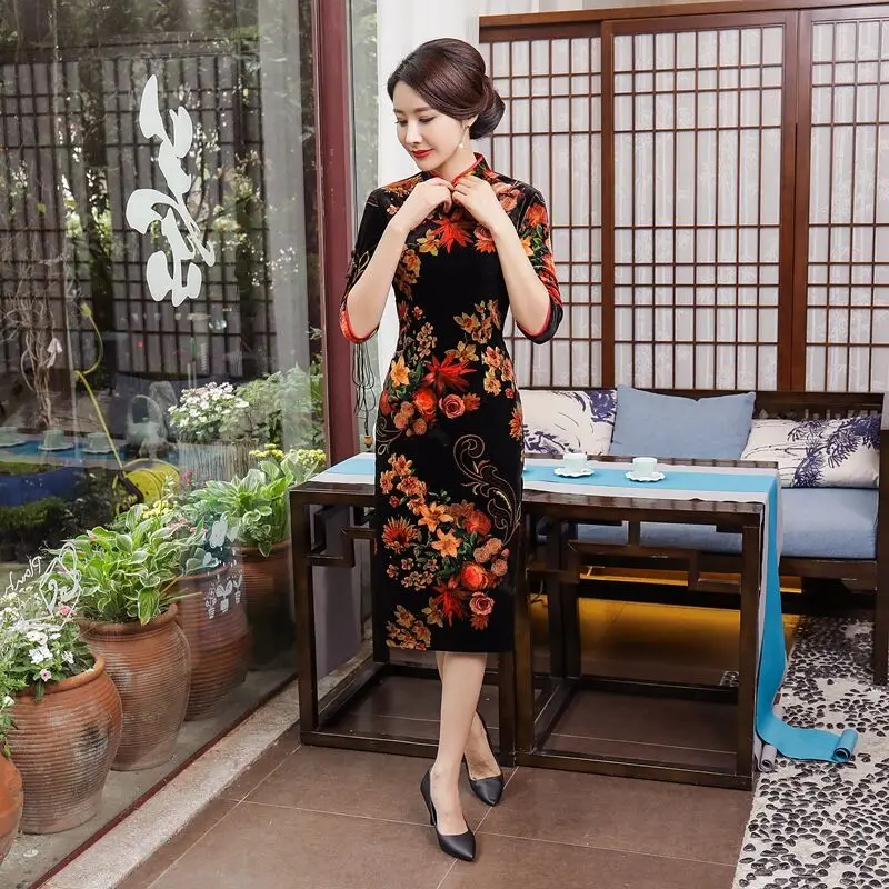 Новое поступление, женское платье Ципао до колена, модное велюровое платье в китайском стиле, элегантное платье Ципао, Размеры S M L XL XXL XXXL 4XL 92975